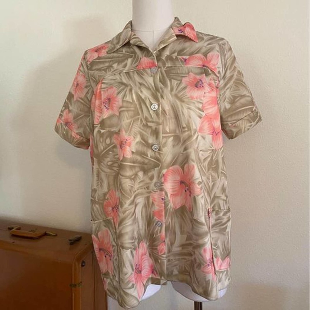 Vintage Tan & Pink Hibiscus Flower Spool Works Women’sButton Up Hawaiian Shirt M